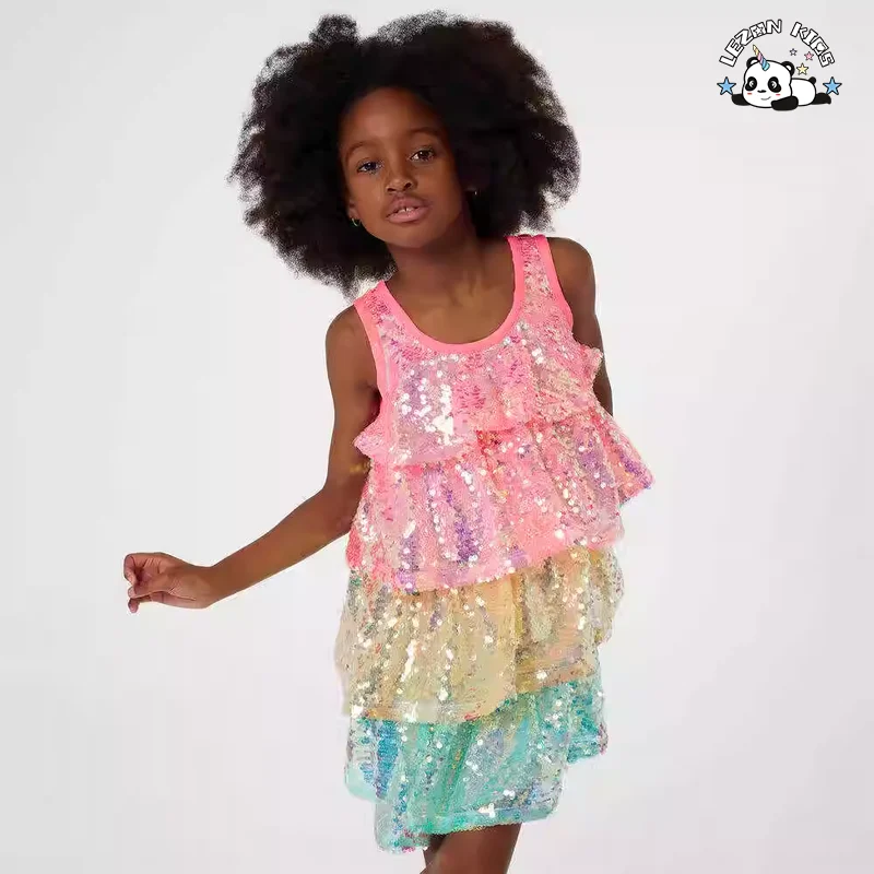 LEZONKIDS - Vestido de Verão Colorido com Lantejoulas em Três Camadas para Meninas Sem Manga